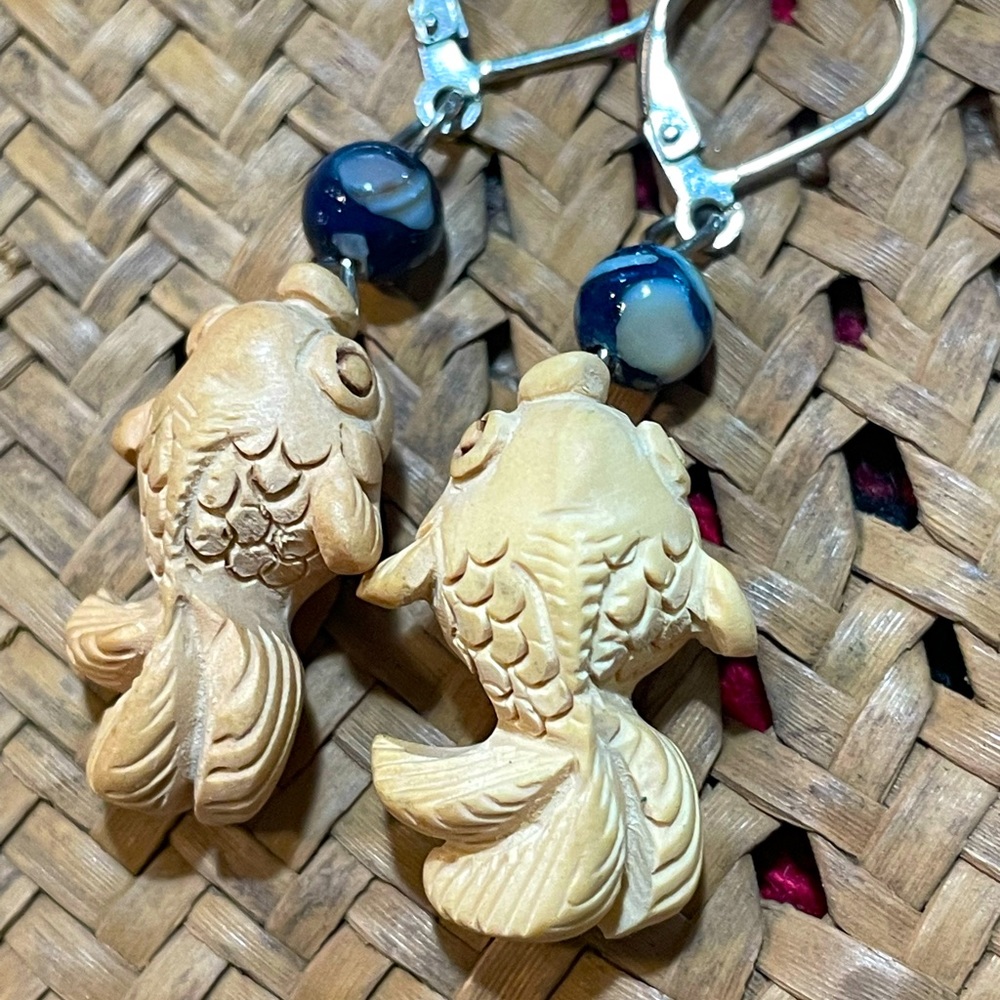 Hand Carved Wood Fish Bead Earrings